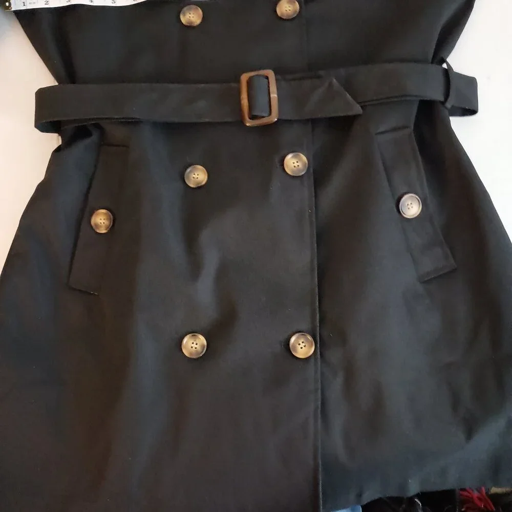 Createmo.us Black Trench Coat Double-Breasted Belted Coat Women’s Size Large L - Picture 6 of 16